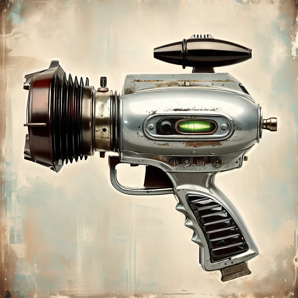 a silver Vintage Toy Raygun, sci-fi poster <lora:Vintage_Toy_Raygun:1>, Dieselpunk art style, retro-futuristic, industrial aesthetics, mechanical marvels, alternative history, gritty and dystopian atmosphere