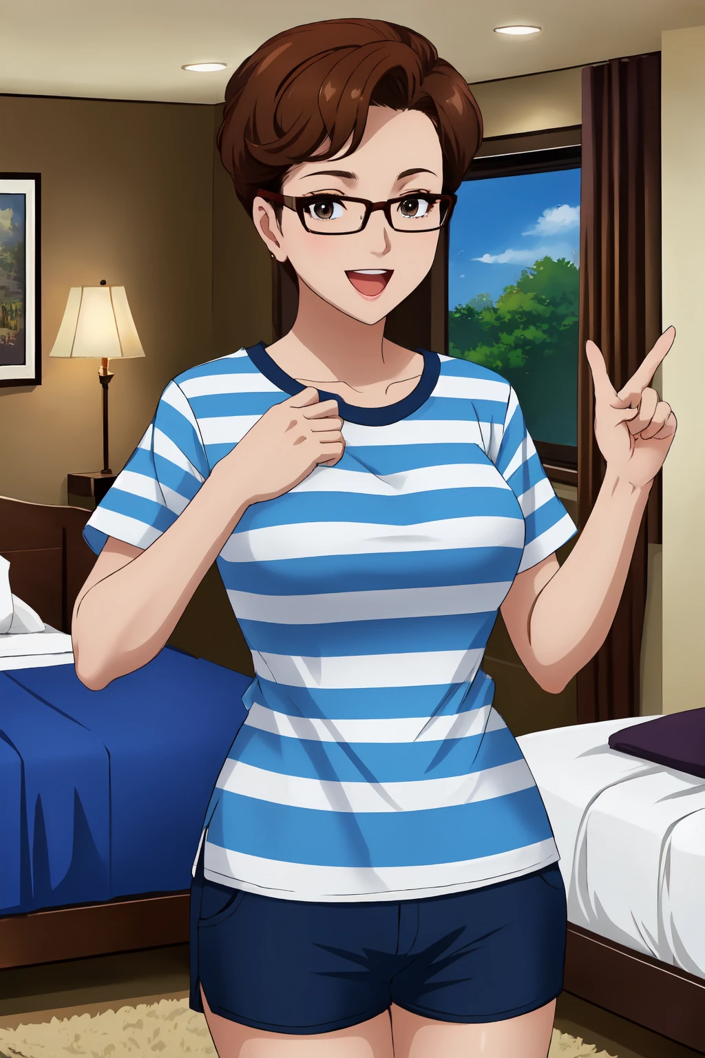 masterpiece,best quality,1girl,mayorandrews,glasses,t-shirt,striped shirt,shorts,in bedroom,luxurious room,happy,:d,<lora:MayorAndrews:0.7>,wide shot,straight on