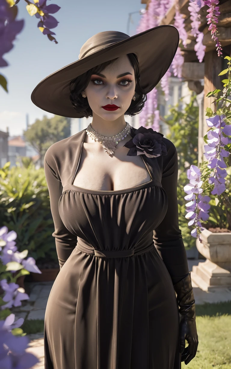 (masterpiece, best quality:1.4), insaneres, absurdres, solo, looking at viewer,BREAK 
LadyDimitrescu_BlackDress,
1girl, short hair, (pale skin, white skin),  red lips, large breasts, curvy, nose, veiny breasts, wide hips, black hair, jewelry, lipstick, earrings, makeup, breasts, pearl necklace, mature female, tall female,  yellow eyes, lips, colored skin, eyelashes, 
hat, dress, sun hat, gloves, black flower, black rose,  cleavage, black headwear, black gloves, black dress,  long dress, long sleeves
(leaning forward, arms behind back), cowboy shot, garden, wisteria, outdoors, <lora:GAME_REvilVill_LadyDimitrescu_blackdress_ownwaifu:0.85> , depth of field