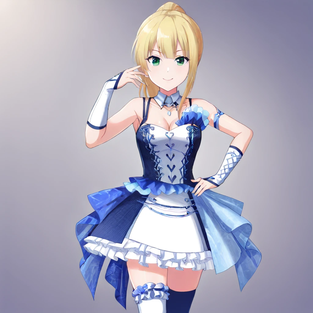 1girl, idol clothes, solo, blonde hair, ponytail, hand on hip, smile, cleavage, asymmetrical legwear, standing, looking at viewer, single thighhigh, socks, closed mouth, white footwear,<lora:last:0.77>