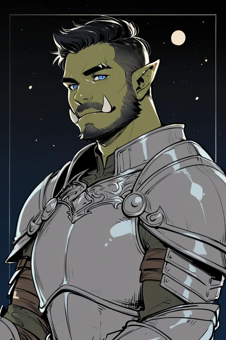 score_9, score_8_up, score_7_up, rating_safe, 1boy, solo, male focus, mature male, orc, green skin, tusks, blue eyes, short hair, black hair, facial hair, beard, mustache, looking at viewer, armor, shoulder armor, breastplate, pauldrons, upper body, closed mouth, standing, outdoors, night, night sky, dark background <lora:LineArt Mono Style LoRA_Pony XL v6:1>