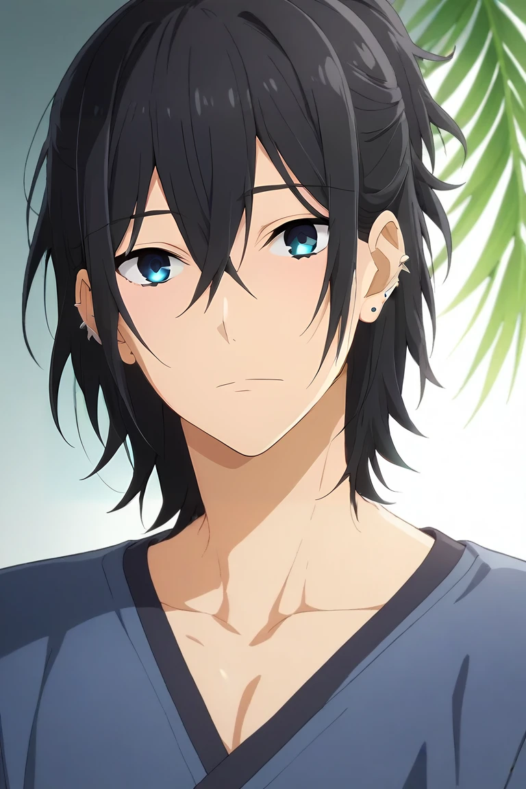 score_9, score_8_up, score_7_up, source_anime, , looking at viewer, upper body, , 1boy, solo, male focus, <lora:izumi_miyamura_pony:0.82>, izumi_miyamura, black hair, blue eyes, hair between eyes, bangs, medium hair, ponytail, piercing, , A tropical paradise where the sun shines brightly every day, , <lora:sdxl_lightning_8step_lora:1>