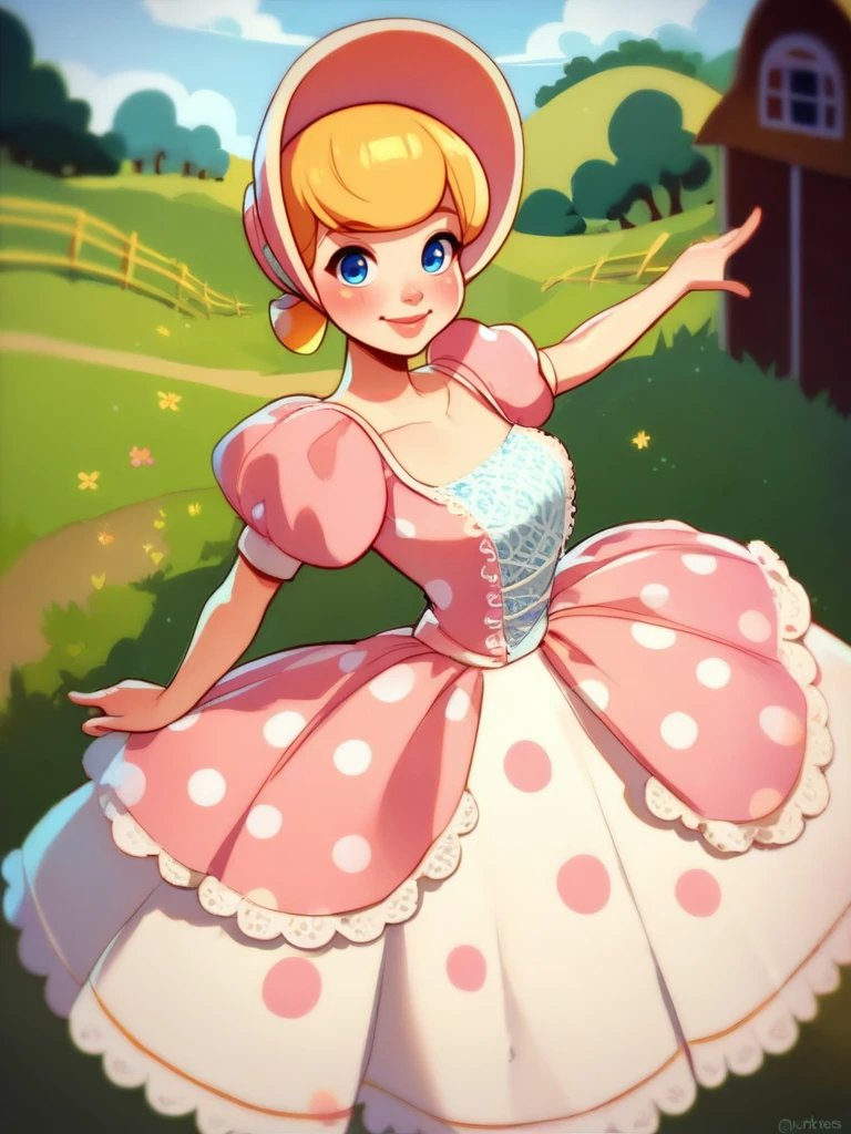 score_9, score_8_up, score_7_up, score_6_up, 1girl, dress, puffy sleeves, bonnet, big skirt, skirt whit polka dot print, short hair, looking at viewer, dynamic angle, cowboy shot, cute, cartoon, epic pose, smile, blush, wide shot, cute eyes, magic vibes, bangs, floating hair, outdoors, detailed background, cinematic, farm, 
<lora:BobeepXLP_character:0.8> BobeepXLP