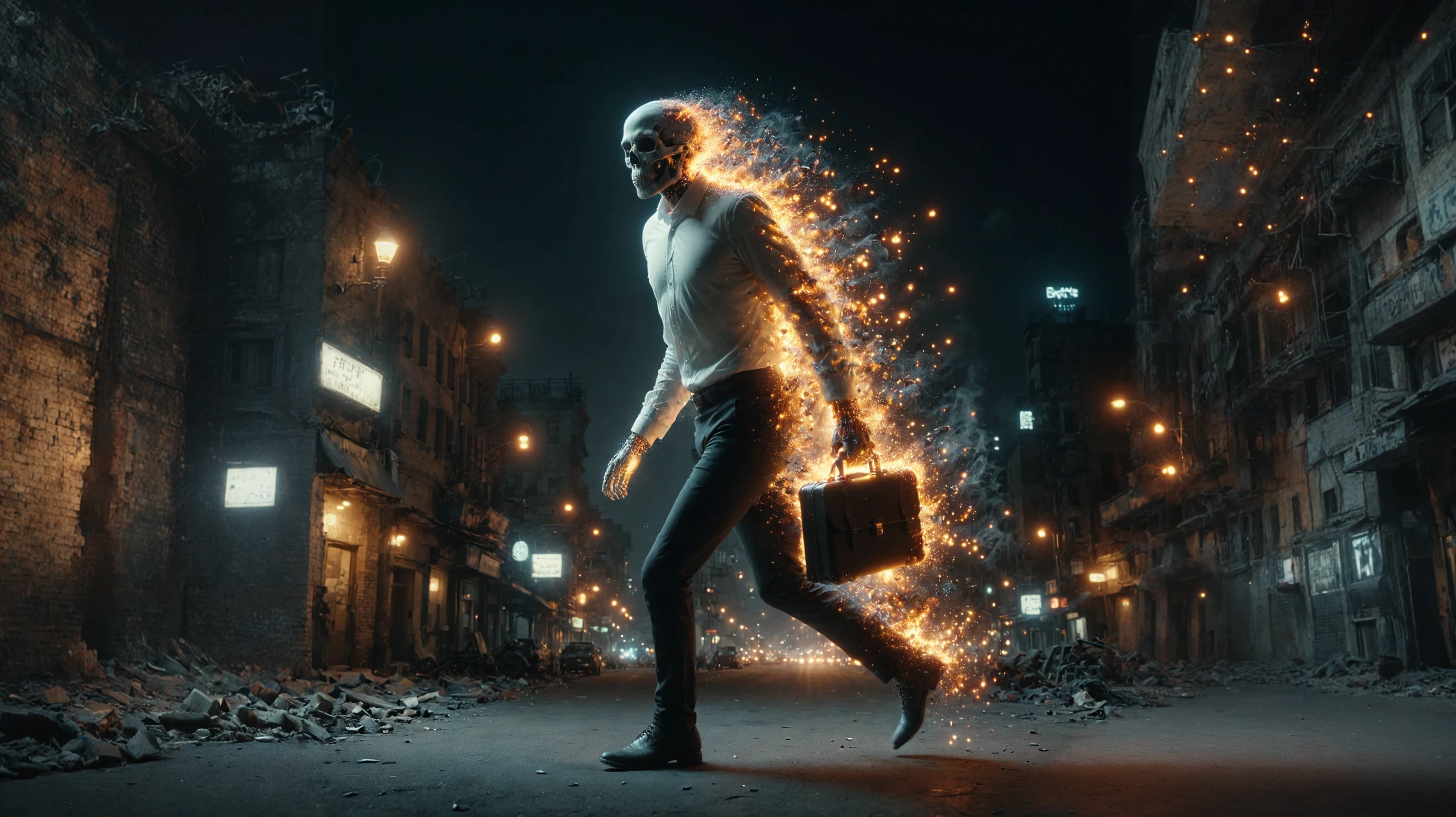 cinematic panning shot, from side, skeleton running fast, white dress shirt, black pants, skull as head, carrying a briefcase, neon lights, futuristic, surreal, post-apocalyptic city, ruins, <lora:Embers_Style_SDXL:1> mad-embr, motion blur, bokeh