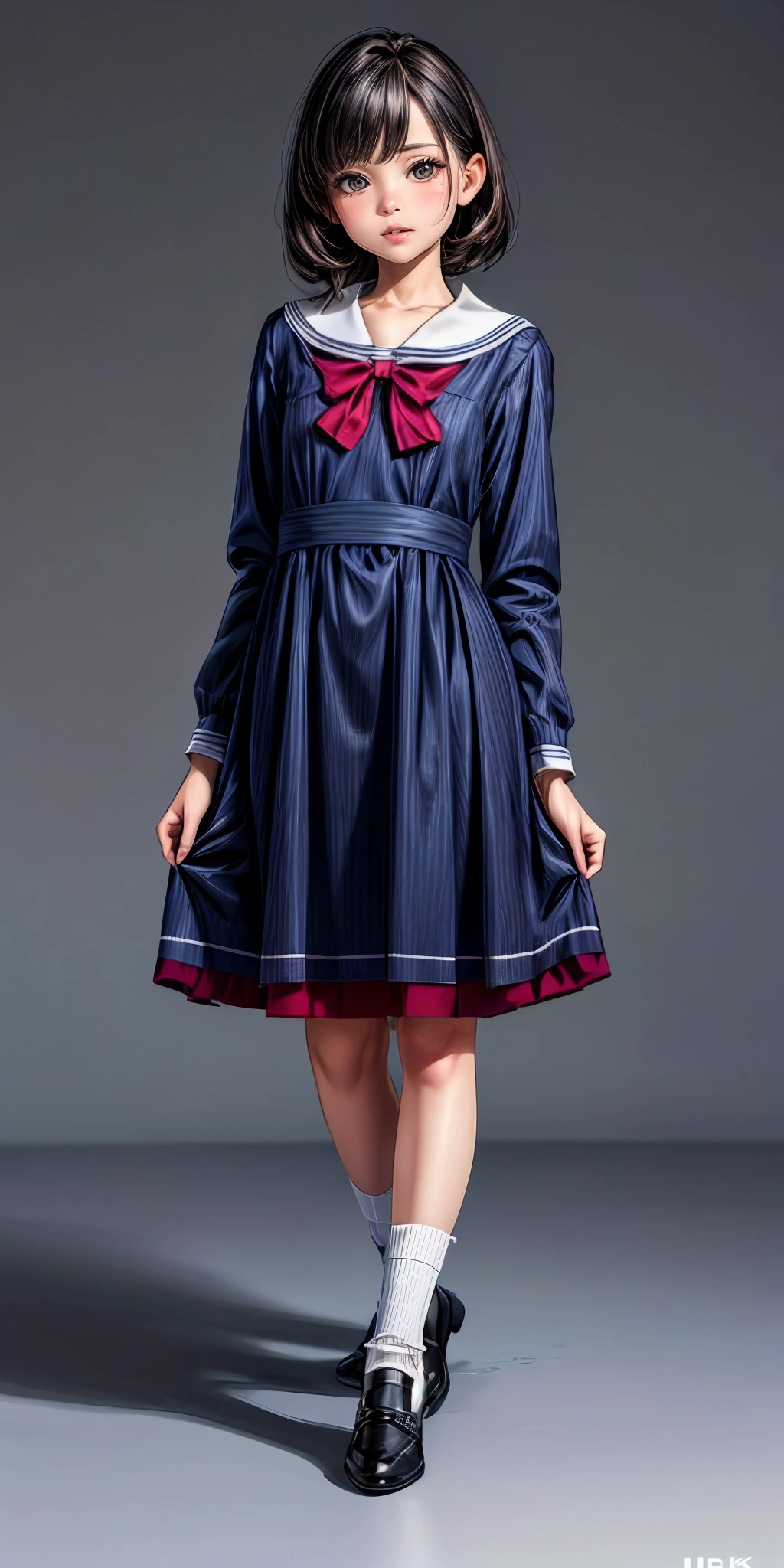 masterpiece,ultra-detailed,best quality,8K,illustration,
girl,<lora:more_details:1>,simple background,
<lora:jyojifuku formal v2.0:0.5> jyojifuku, long sleeves, dress,school unifrom,sock , shoes