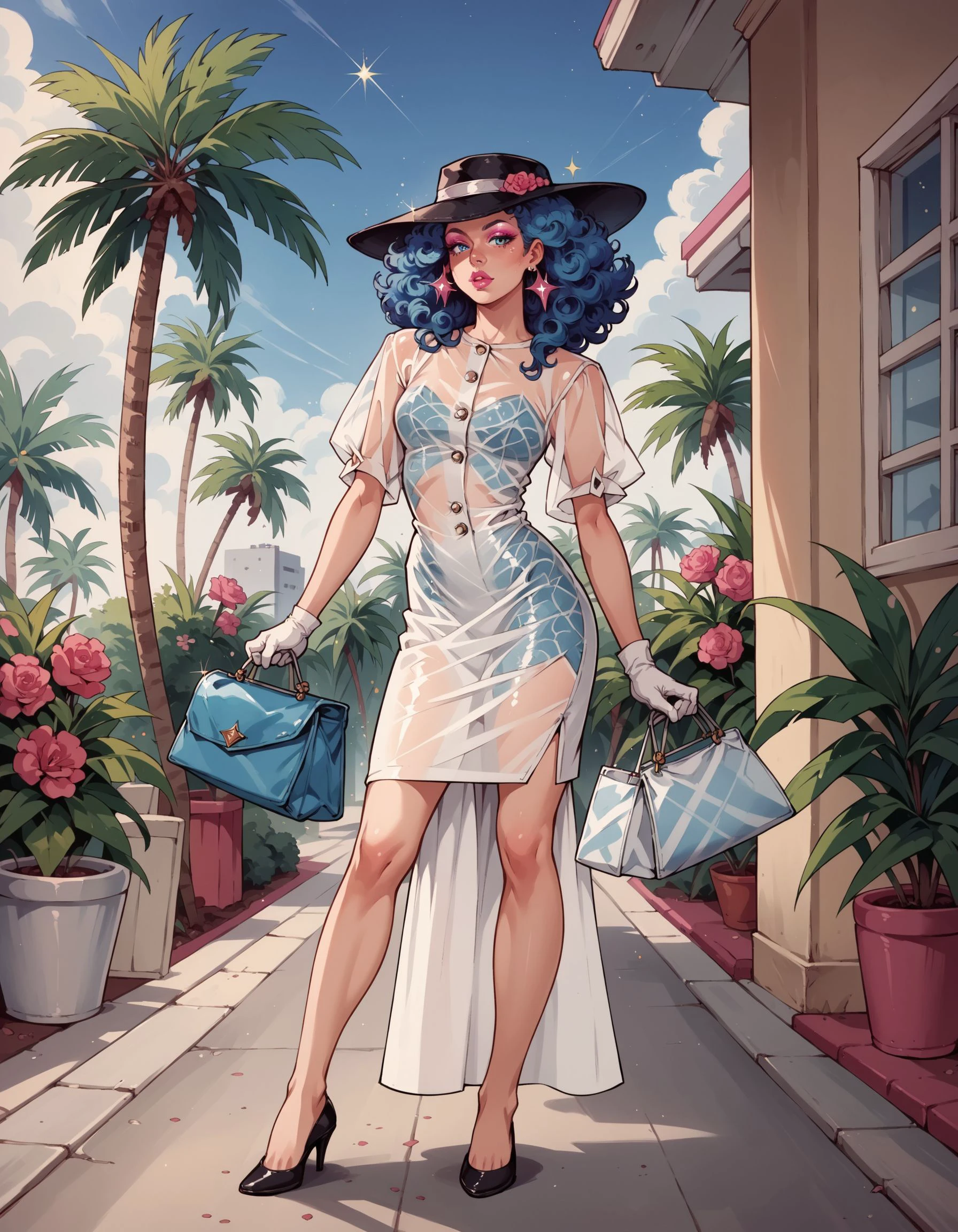 score_9, score_8_up, score_7_up, score_6_up, score_5_up, score_4_up, blue curly hair, hud_big_mistake_dress, (tight white pencil dress), buttons, black hat, white gloves, earrings, handbag, <lora:big_mistake_xlp-000009:0.6>, flower, see-through, sparkle, hud_jem_boxart, colorful retro artstyle, colorful background, makeup, lipstick, palm trees, neon, <lora:Jem_80s_Cartoonbox_art-000009:0.6>, full body, fishnets, pink eyeshadow, blue eyes, bag