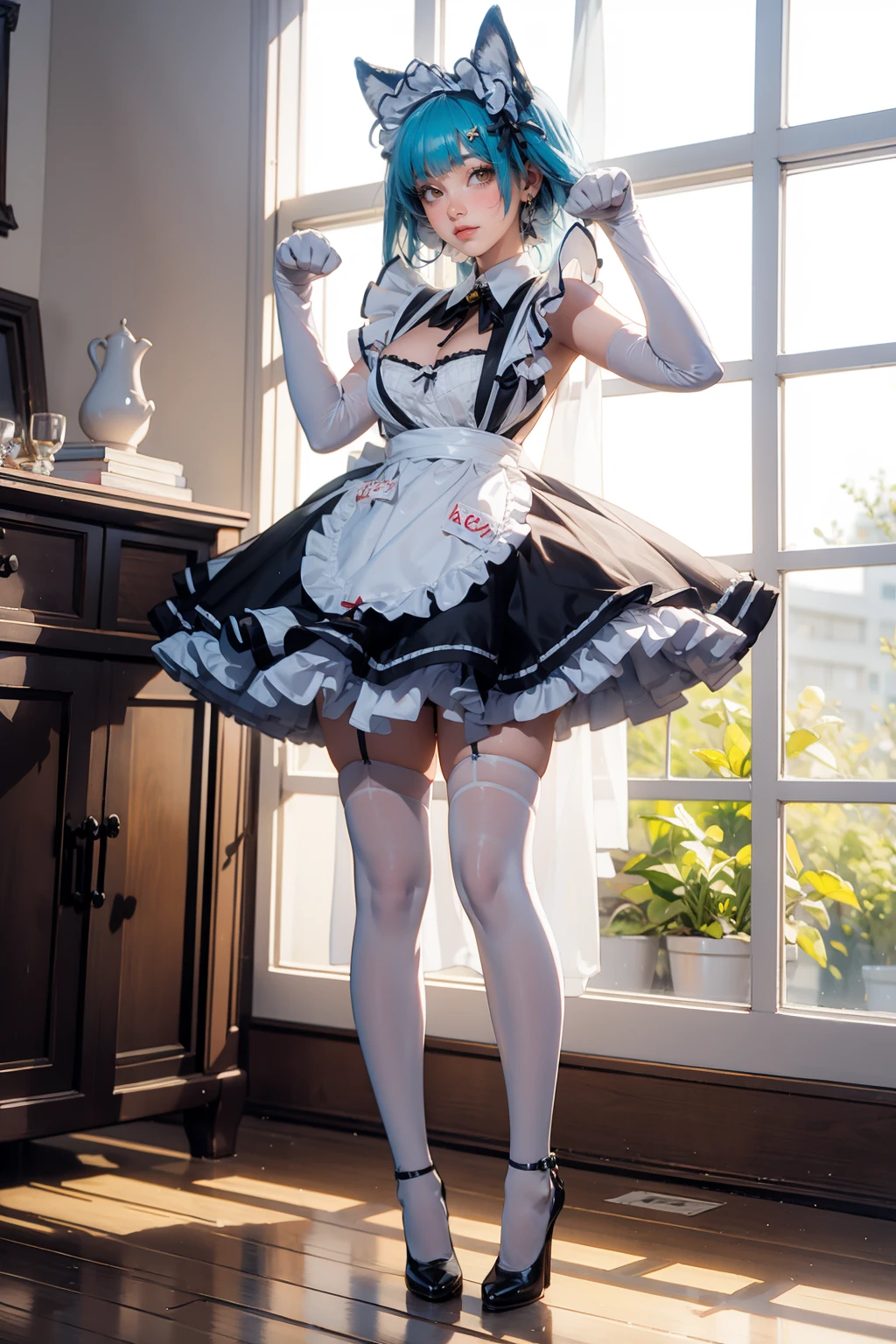 best quality,masterpiece,indoors,1girl,solo,facing viewer,standing,full body,hands up,paw pose,blush,eyeliner,eyeshadow,eyelashes,blunt bangs,short bangs,gigantic breasts,saggy breasts,<lora:lemon0015-NIKKE Privaty Unkind Maid_v1:0.9>,lemon0015,maid,maid apron,frilled dress,frills,clothing cutout,elbow gloves,bell,fake animal ears,blue hair,high heels,