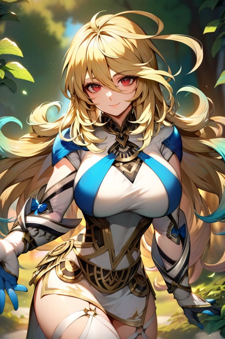 score_9, score_8_up, score_7_up, very aesthetic, source_anime, detailed, high quality, beautiful, masterpiece, detailed eyes,
<lora:lightXL:0.8>
forest, blurry background, magic effects,
<lora:action-sdxl-V0.5:1>zdyna_pose
dynamic angle, upper body, close up,
light smile, dynamic pose,
<lora:millaX2_autismConfetti_v02:0.99>
milla maxwell, blonde hair, gradient hair, ahoge, red eyes, very long hair, large breasts, gloves, hair between eyes, short dress, side slit, white legwear,, zPDXL