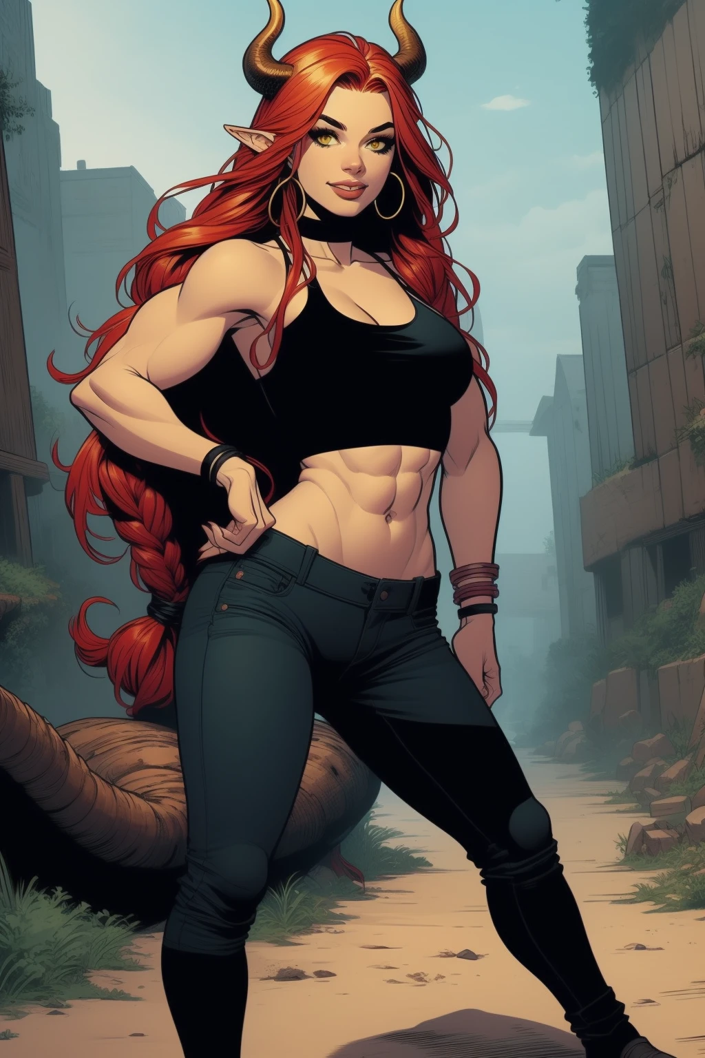 1girl, solo, long hair, breasts, looking at viewer, smile, navel, cleavage, jewelry, medium breasts, standing, collarbone, tail, full body, yellow eyes, braid, red hair, earrings, horns, teeth, choker, pointy ears, midriff, pants, artist name, twin braids, muscular, colored skin, black choker, black pants, abs, tank top, denim, monster girl, claws, dragon horns, dragon girl, jeans, hoop earrings, dragon tail, sharp fingernails, muscular female, scales, red skin, digitigrade<lora:EMS-349021-EMS:1.300000>