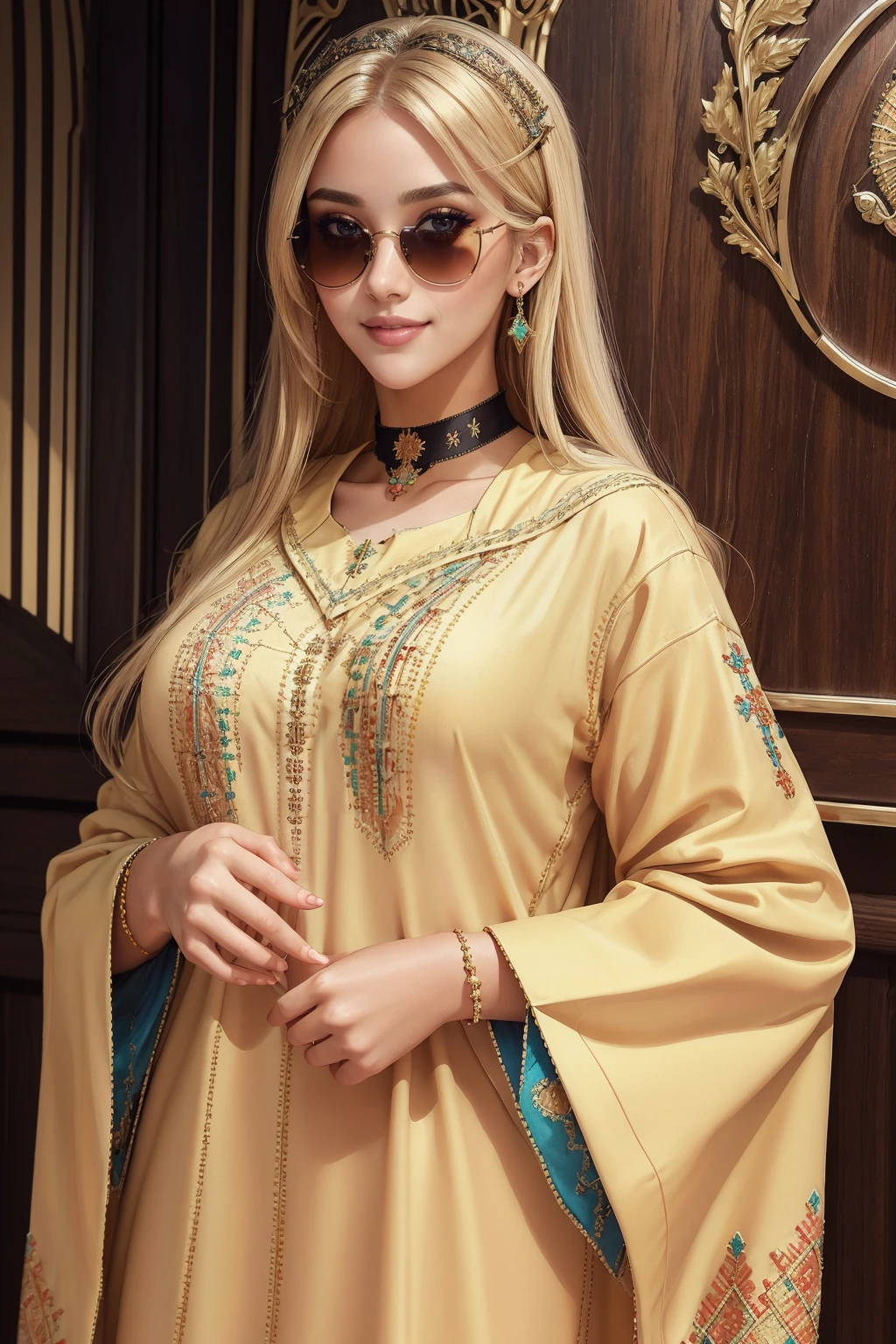 ((Masterpiece, best quality, edgQuality)),smile,
edgellaba, a woman in a dress,standing,posing ,wearing edgellaba,embroidery
 <lora:edgDjellaba:1>
 <lora:Ultimate_Nadia:0.5> blonde, nadia, sunglasses, choker,