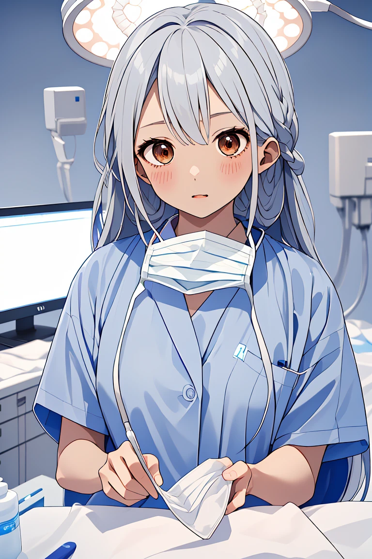 (RAW photo, best quality), (1girl), operating room, overhead surgical light,blurred background, focused,
 <lora:Asami_Fujimoto_3dC_V1.0:0.8> (asami fujimoto, 3dcg_19,long hair,gray_hair), 
 <lora:concept_surgical_mask_open_v2_1:0.95> (surgical_mask_open, looking at viewer, upper body),