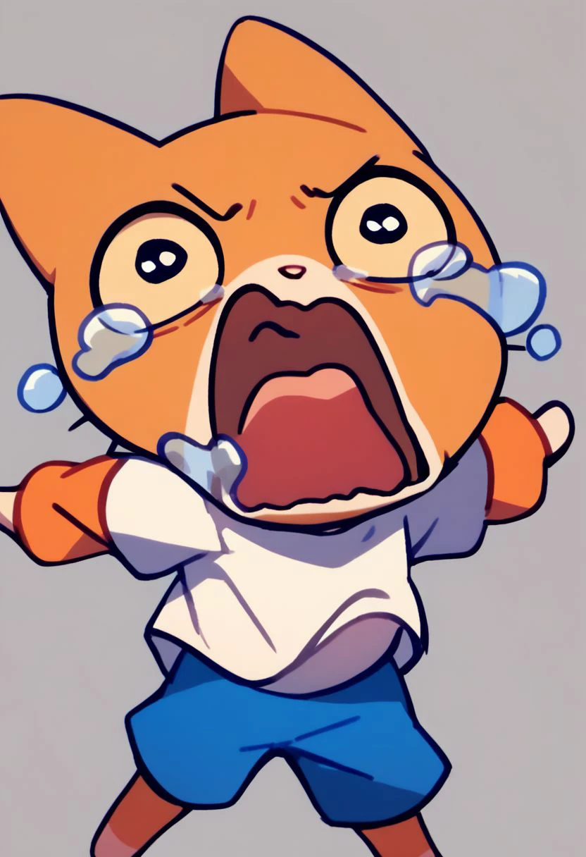 score_9, score_8_up, score_7_up, score_6_up, 
Simbochka, cartoon orange cat, 
1boy, cute, solo, simple background,
white shirt, orange sleeves, blue shorts,
aquascreaming, screaming, open mouth, crying with eyes open