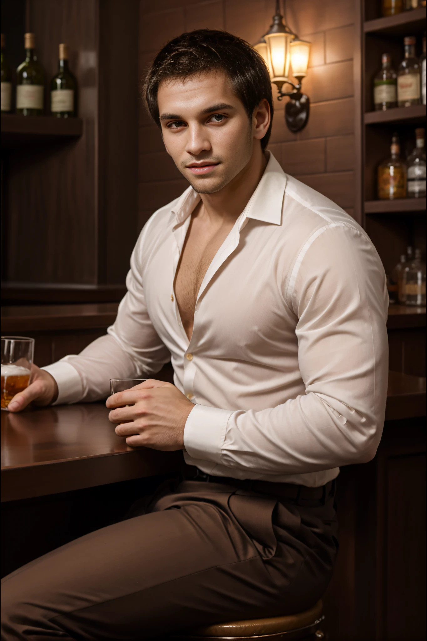 <lora:MaleModel_01:1> handsome, beautiful brown eyes, cute guy, young man, nice silk shirt, sitting at bar.