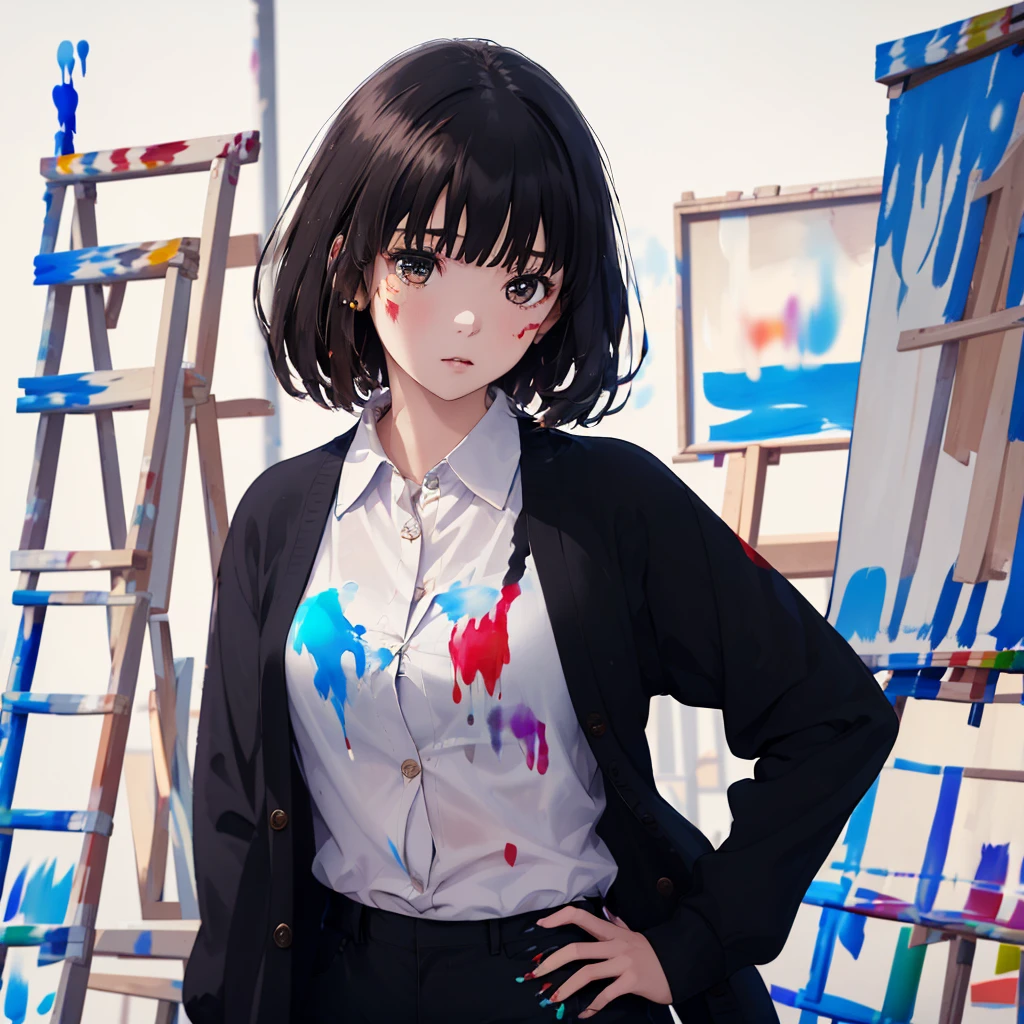 masterpiece,best quality,Ultra detailed,1girl,<lora:staingirl-000005:0.7>,staingirl,black cardigan,collared shirt,open clothes,open cardigan,shirt tucked in,black pants,brown eyes,There's a stain on her shirt,(She has paint on her shirt:1.5),