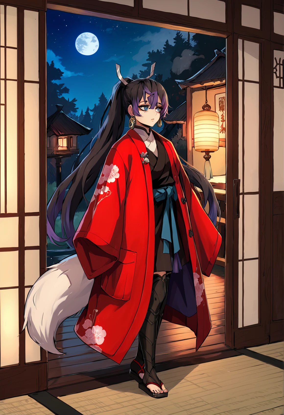 (score_9, score_8_up), score_7_up, zPDXL, FoxDemon, 1girl, black hair, two-tone hair, ponytail, earring, black eyes, fox tail, white tail, red mantle, floral print, black kimono, layered clothes, elbow gloves, bracelets, black legwear, sandals, indoors, house, japanese house, east asian architecture, dark, night, looking away <lora:Fox_Demon_Girl_XL_Pony_SingleShot:1> <lora:epic_anime_scenery_v0_1:0.75>