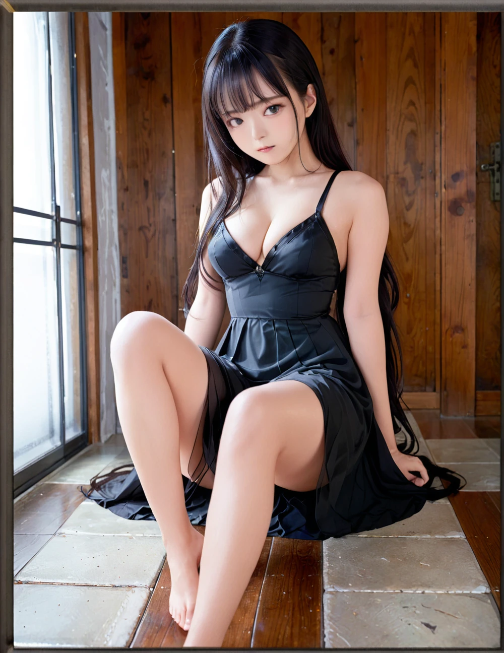 (masterpiece:1.0), (best quality:1.0), (ultra highres:1.0),(ultra detailed:1.0), (sharp focus1:0), (RAW photo:1.0), (Realistic:1.0),
detail fair skin, cool look,
((sjvgxq:1.4), black dress, black long hair, leg, feet, middle breast,sit),
 <lora:sjvgxq_Shinonome_UmiSdxl5_101 x40:1>