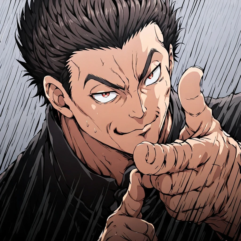 a  man at something with a finger, <lora:fingergun:0.85>  <lora:Miyamoto_Musashi_Baki:0.8>