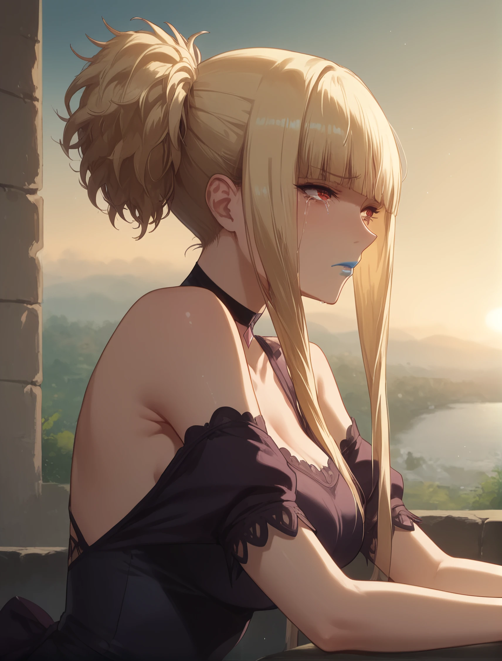 score_9, score_8_up, score_7_up, Expressiveh, ultra detailed, 1 girl,<lora:Kongou:0.8>,kongou_aoki,  blond hair,red eyes,blue lips,small hips,  sitting on the edge of a cliff, (tears:1.2) ,crying,sad, women in a cell, against the backdrop of clouds and sunset, bokeh,  <lora:Expressive_H:0.8>, <lora:Concept Art Twilight Style SDXL_LoRA_Pony Diffusion V6 XL:0.8>,