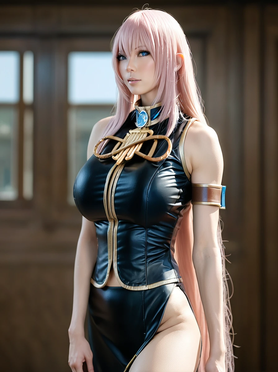 masterpiece, highly detailed, best quality, photography, realistic,1woman, megurine luka v2, very long hair, pink hair , blue eyes, huge breasts, standing <lora:luka-lycoris-xl:0.7>