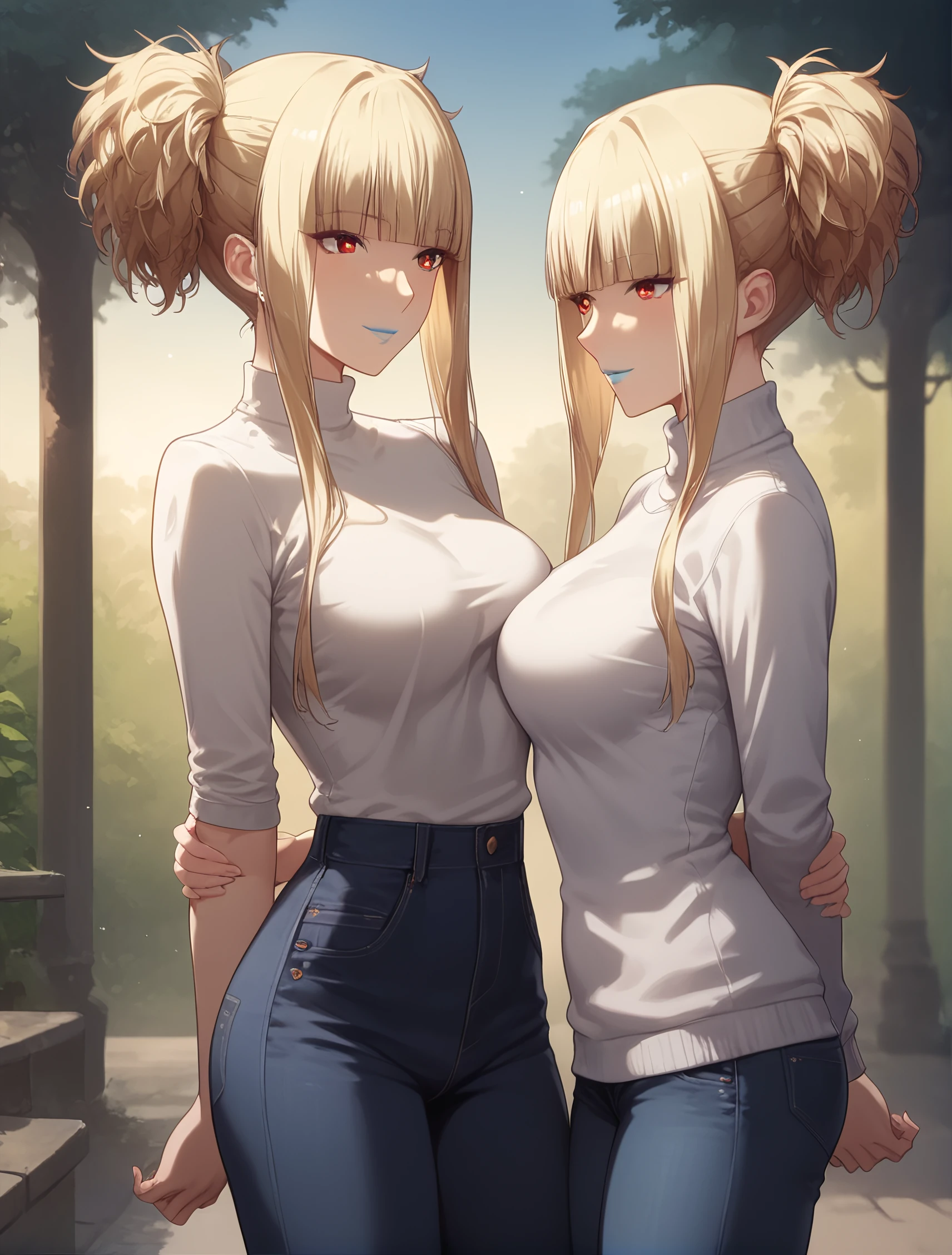 score_9, score_8_up, score_7_up, Expressiveh, ultra detailed, <lora:Kongou:0.8>,kongou_aoki,  blond hair,red eyes,blue lips,small hips,  beautiful lighting, Woman, tight jeans,  (white sweater:1.2), turtleneck, standing up, in park, beautiful scenery, slight blush, smiling, (cute smile:1,1), (glossy lips:1.1), wonderful backround, closed mouth, (arms_behind_back:1.1),trees, bokeh,  <lora:Expressive_H:0.8>, <lora:Concept Art Twilight Style SDXL_LoRA_Pony Diffusion V6 XL:0.8>