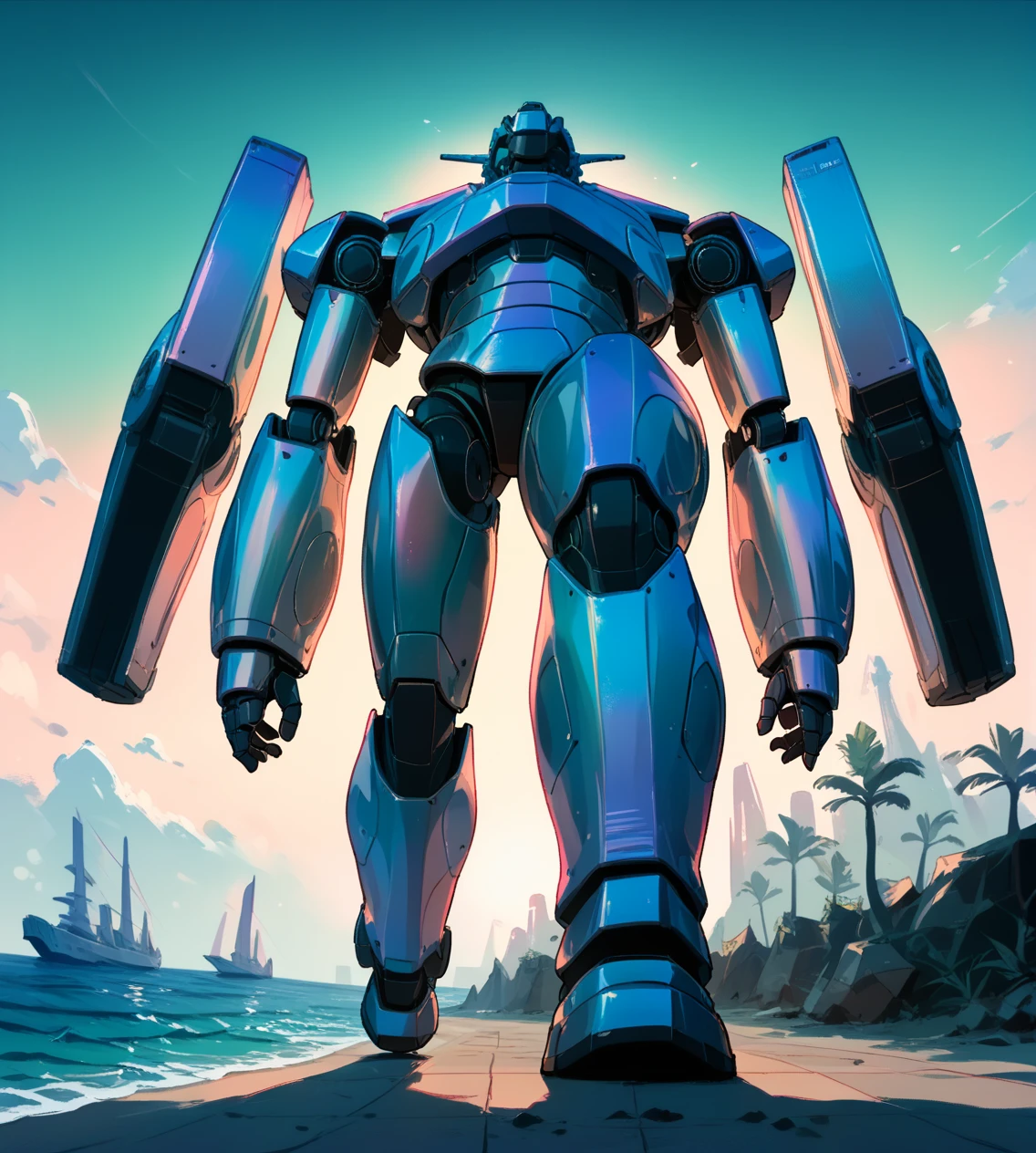 score_9. score_8_up. score_7_up. score_6_up. score_5_up. score_4_up . mecha. robot. giant robot. ocean. pacific rim. sunset. walking. science fiction. futuristic. epic. from below, scenery
 <lora:iridescent_blocks:0.9>