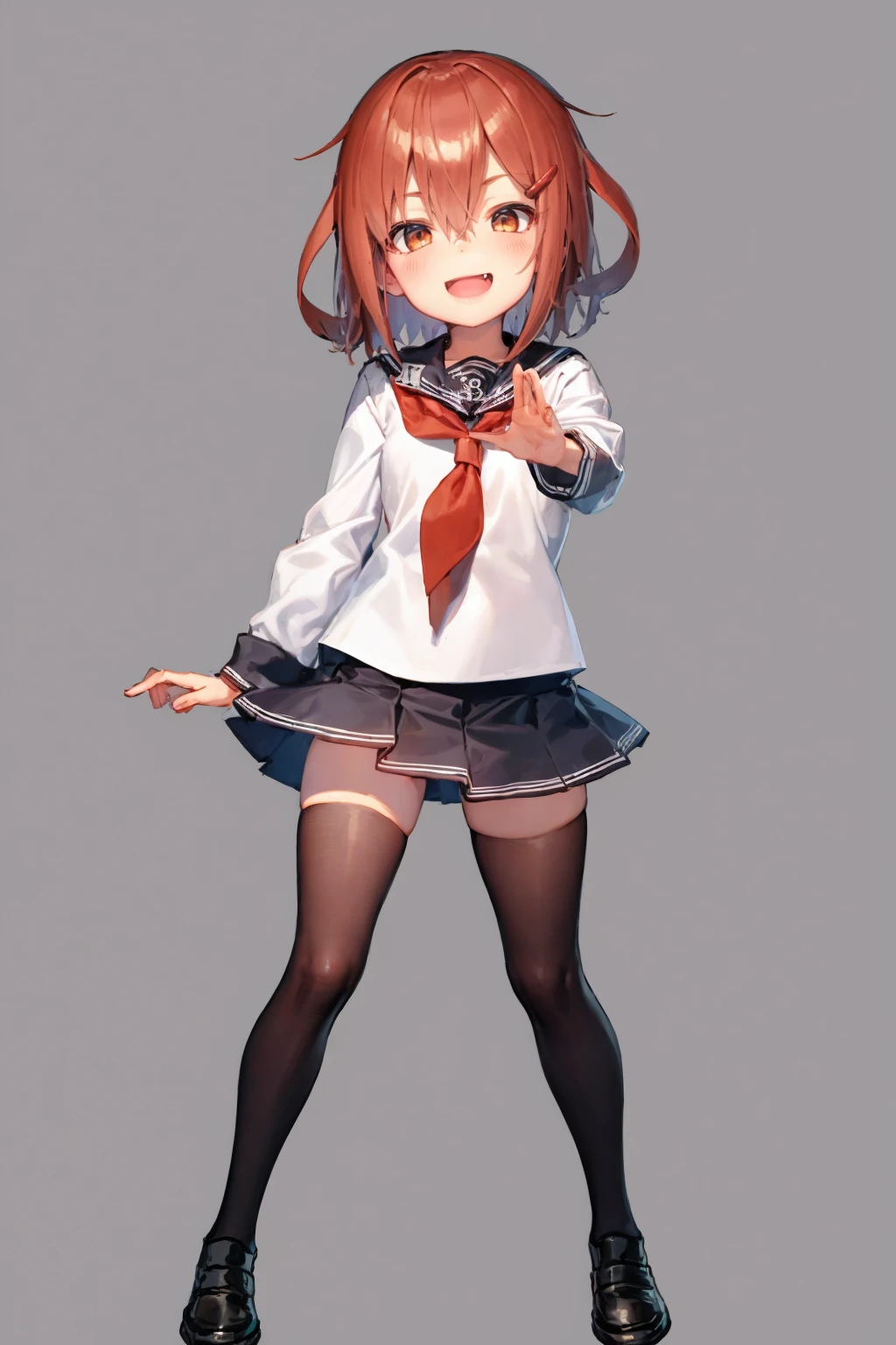 masterpiece, best quality,
1girl, ikazuchi \(kancolle\), brown hair, short hair, brown eyes, hairclip, fang,
anchor symbol, black sailor collar, long sleeves, neckerchief, school uniform, serafuku, pleated skirt,  black skirt, thighhighs, loafers,
full body, smile, standing, solo, looking at viewer, simple background, solid grey background    <lora:Ikazuchi:1>