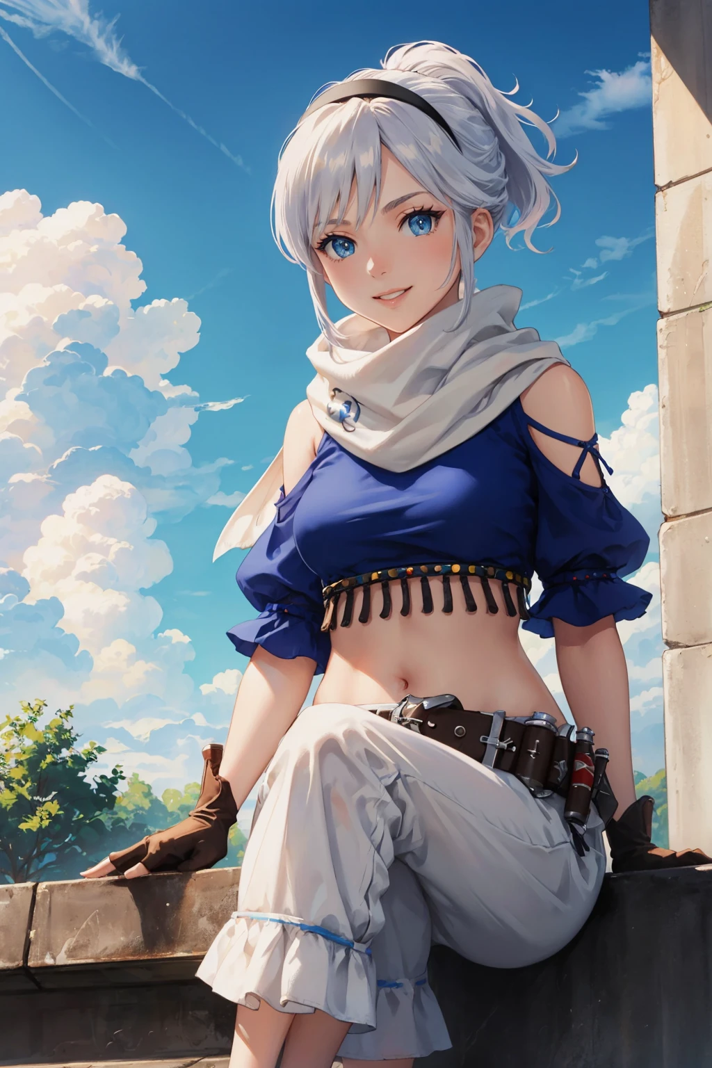 masterpiece, best quality, 1girl,  <lora:adelle-nvwls-v1-000009:0.9> adelle, short ponytail, black hairband, white scarf, blue shirt, midriff, white pants, belt, fingerless gloves, medium breasts, sitting, ledge, blue sky, clouds, looking at viewer, from below, smile