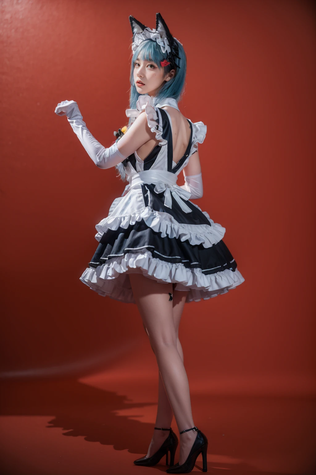 best quality,masterpiece,red background,1girl,solo,from behind,standing,full body,hands up,claw pose,blush,eyeliner,eyeshadow,eyelashes,blunt bangs,short bangs,gigantic breasts,saggy breasts,<lora:lemon0015-NIKKE Privaty Unkind Maid_v1:0.9>,lemon0015,maid,maid apron,frilled dress,frills,clothing cutout,elbow gloves,bell,fake animal ears,blue hair,high heels,