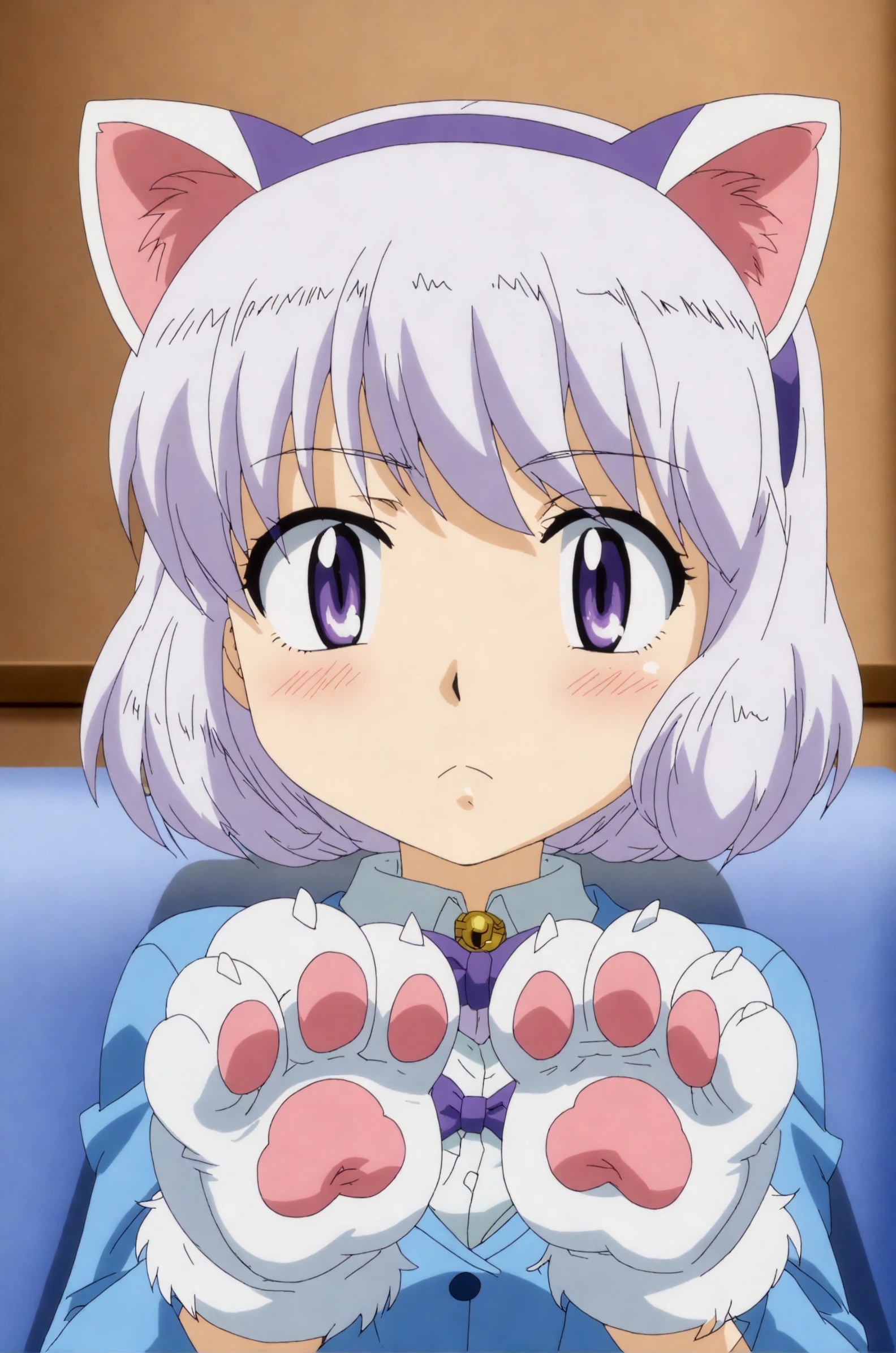 rating_safe, forced perspective, three-point perspective, anime screencap BREAK shiho sannomiya, catgirl, fake animal ears, cat paws, cat gloves, upper body