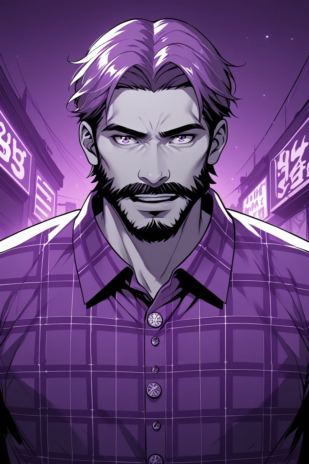 reshadexl, purple theme, solo, shirt, 1boy, monochrome, upper body, male focus, plaid, facial hair, beard, mustache, plaid shirt, checkered shirt, neon lighting, side lighting, duochrome, duotone , PonyXLV6_Scores, <lora:ReshadePDXL:1>