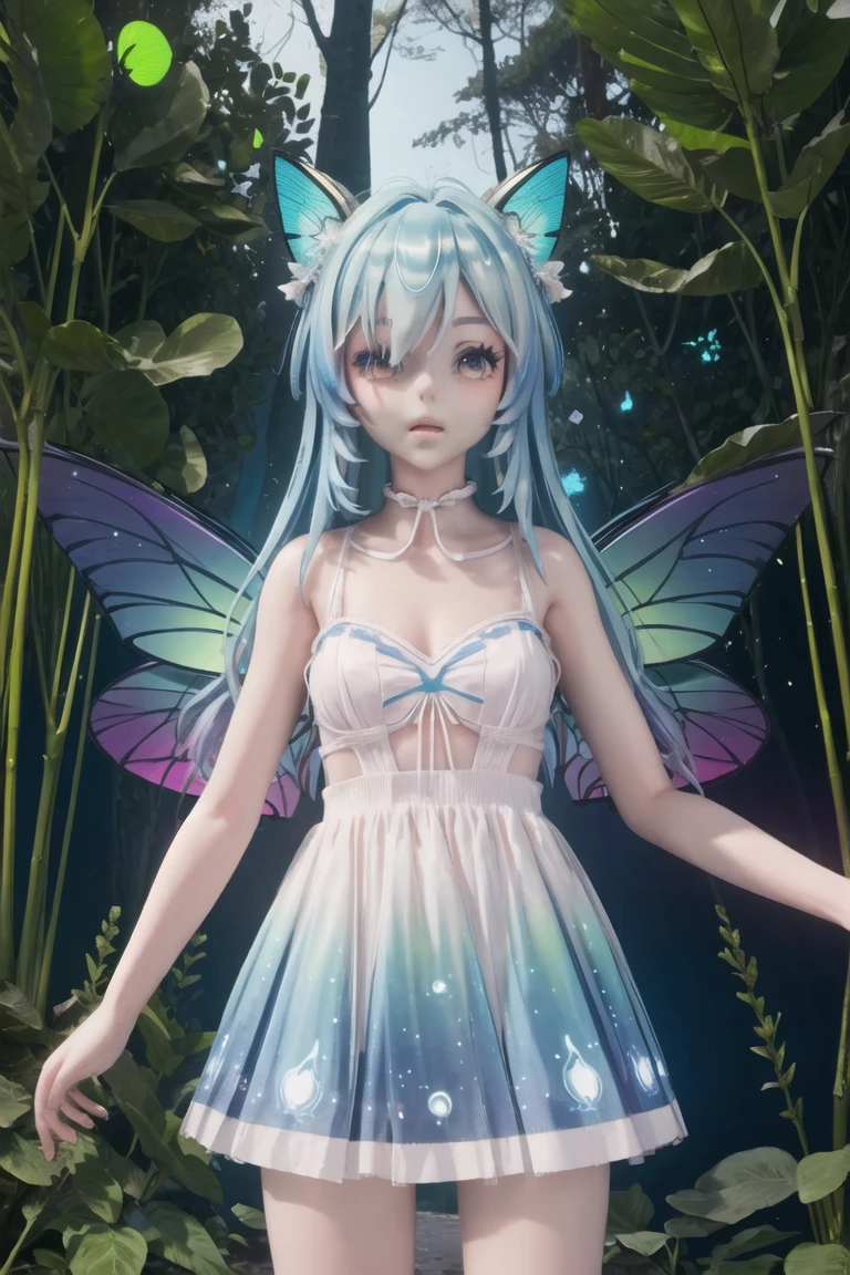 masterpiece,best quality,(cowboy shot:1.3),(blue hair),(blue gradient hair),bare skin,fairy,(transparent fairy wings),blue skin,pixie ears,(in the enchanted forest:1.3),(blue neon trees),(night),(neon fireflies),glowing dust,white particles in the air,