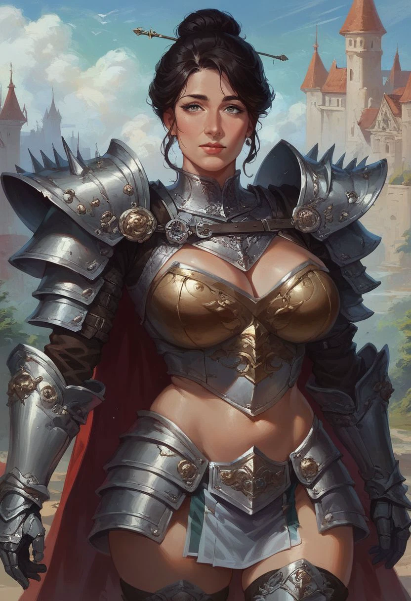 score_9, score_8_up, score_7_up, cute thin 30 year old whore, (((mature femalebangssingle hair bunblack hairbrown hairgrey eyes))), 1woman, mature female, (sexy, beautiful woman, perfect face, perfect eyes, perfect female body:1.5), (ragnaroklordkn, armor, shoulder armor, pauldrons, cape, gauntlets, skirt, thighhighs, armored boots, ), (standing, outdoors, castle in background),