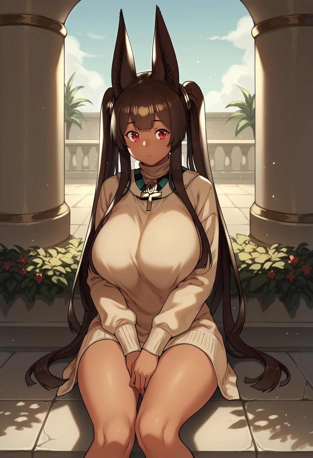 score_9, score_8_up, score_7_up, score_6_up, score_5_up, score_4_up, BREAK, solo, outdoors, patio, garden, sitting, 
<lora:anubisv1-000025:1>, anubishoutengeki, dark-skinned female, twintails, jackal ears, red eyes, long hair, brown hair, huge breasts,
egyptian, jewelry, turtleneck sweater, miniskirt,