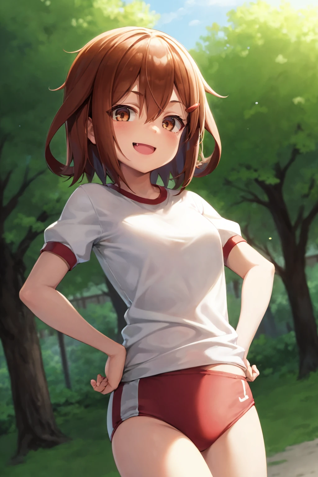 masterpiece, best quality,
1girl, ikazuchi \(kancolle\), brown hair, short hair, brown eyes, hairclip, fang,
gym uniform, white shirt, red buruma,
hands on hips, smile, standing, solo, looking at viewer, outdoors, park background    <lora:Ikazuchi:1>