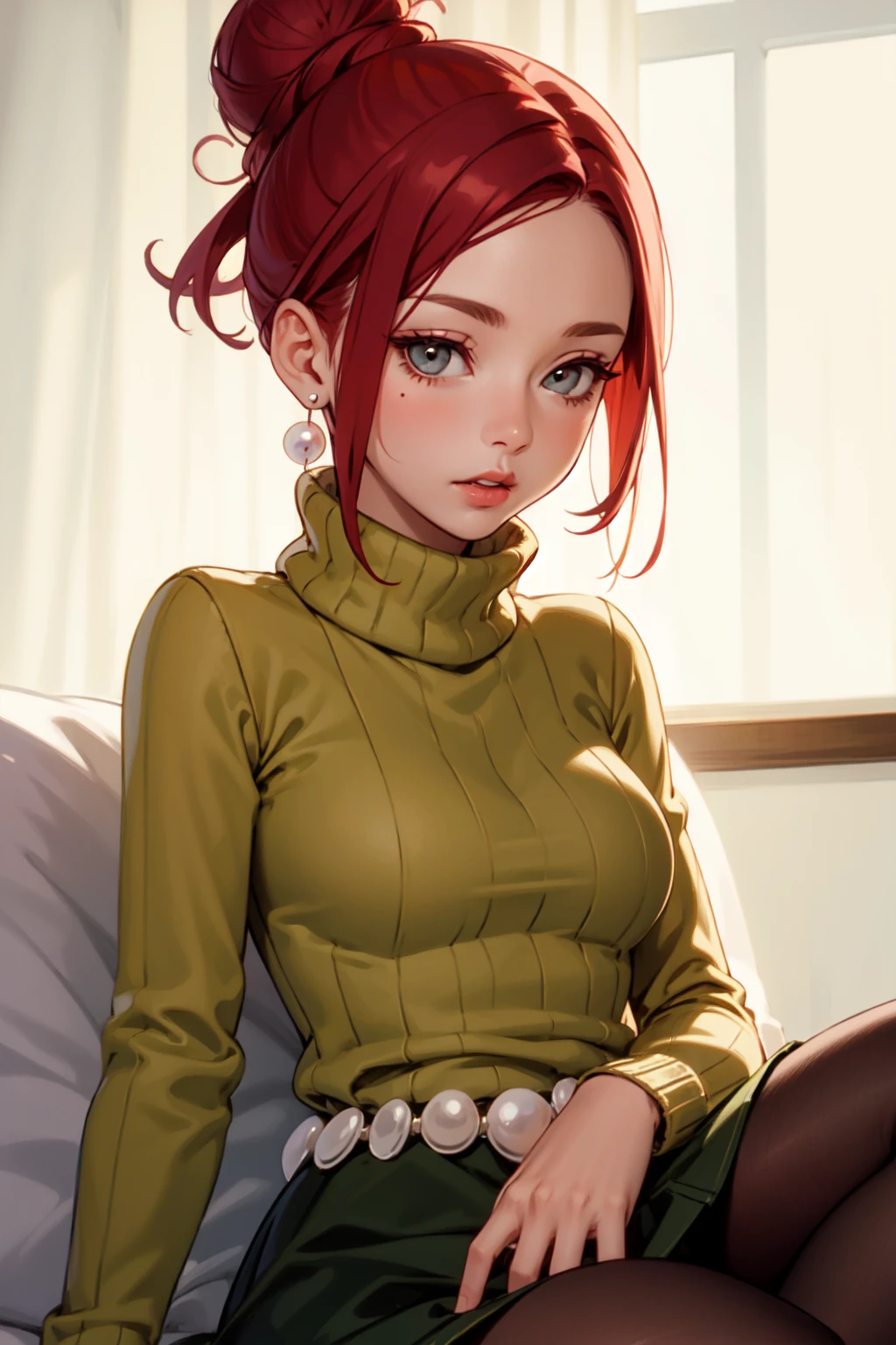 AgnesJohnson, red hair, single hair bun, eyeshadow, pearl earrings, turtleneck sweater, belt, skirt, pantyhose, shoes, 1girl, solo, upper body