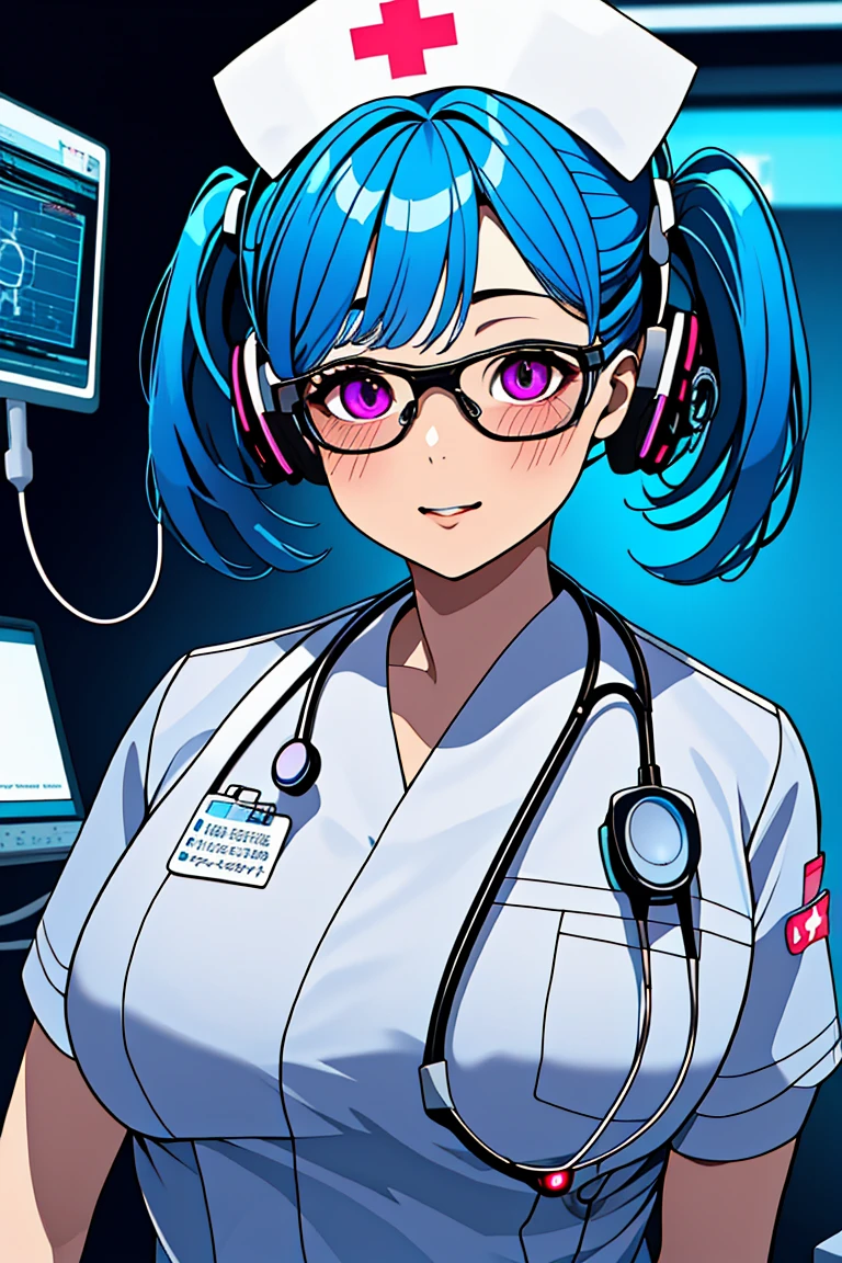 (RAW photo, best quality), (1girl), operating room, overhead surgical light,blurred background, focused,
 <lora:Tatsuko Miiko_3dc_V1.0:0.8> tatsuko miiko, 3dcg_17, twintails, short hair, glasses,
 <lora:cybr_nrs_v1.0:0.8> (cyber_nrs,, 1girl, short sleeves, headphones, nurse cap, nurse, name tag, tinted eyewear, stethoscope,cybernetic, futuristic),