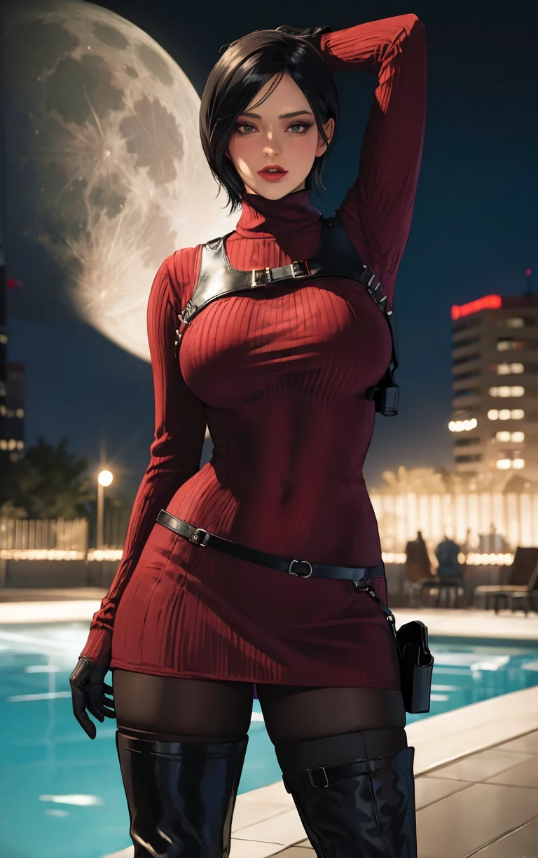 (masterpiece, best quality:1.4), insaneres, absurdres, solo, looking at viewer,BREAK 
GAME_ResidentEvil4Remake_AdaWong_ownwaifu,
1girl, asian, black hair, short hair, brown eyes, lips, bangs, large breasts, red lips, makeup, lipstick,
sweater, dress, gloves, holster, shoulder holster, black gloves, turtleneck, turtleneck sweater, sweater dress, ribbed sweater, long sleeves, harness,
belt, thighhighs, pantyhose, thigh boots, black thighhighs, red sweater, red dress, 
(contrapposto, arms behind head), neon_lights, cityscape, night, pool, full moon, outdoors, <lora:GAME_ResidentEvil4Remake_AdaWong_ownwaifu:0.9> , depth of field