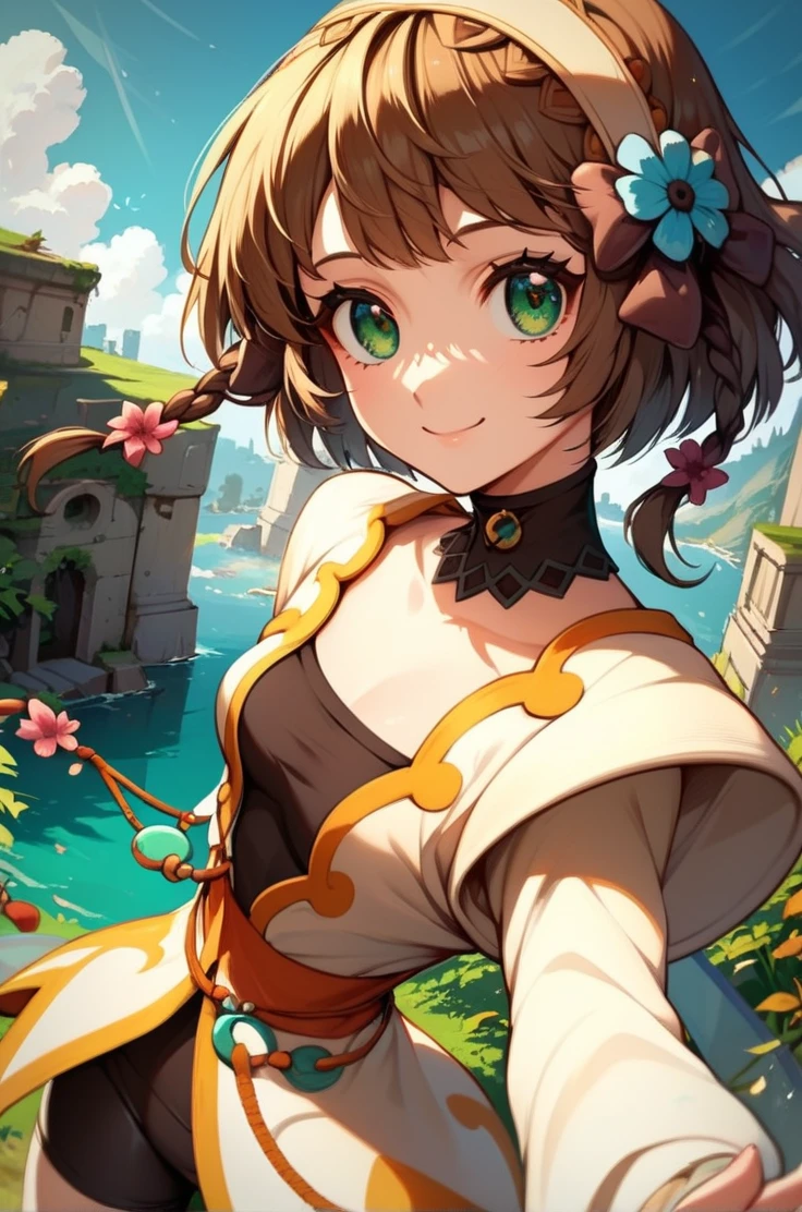 score_9, score_8_up, score_7_up, very aesthetic, source_anime, detailed, high quality, beautiful, masterpiece, detailed eyes,
<lora:lightXL:0.8>
forest, tree, ruins,
cowboy shot, close up, dynamic angle, upper body, light smile,
small breasts,  dynamic pose,
<lora:leia_autismConfetti_v01:0.99>
leia rolando, 1girl, brown hair, green eyes, short hair, hair ornament, brown footwear, bike shorts, choker, hair flower, hair ribbon,, zPDXL