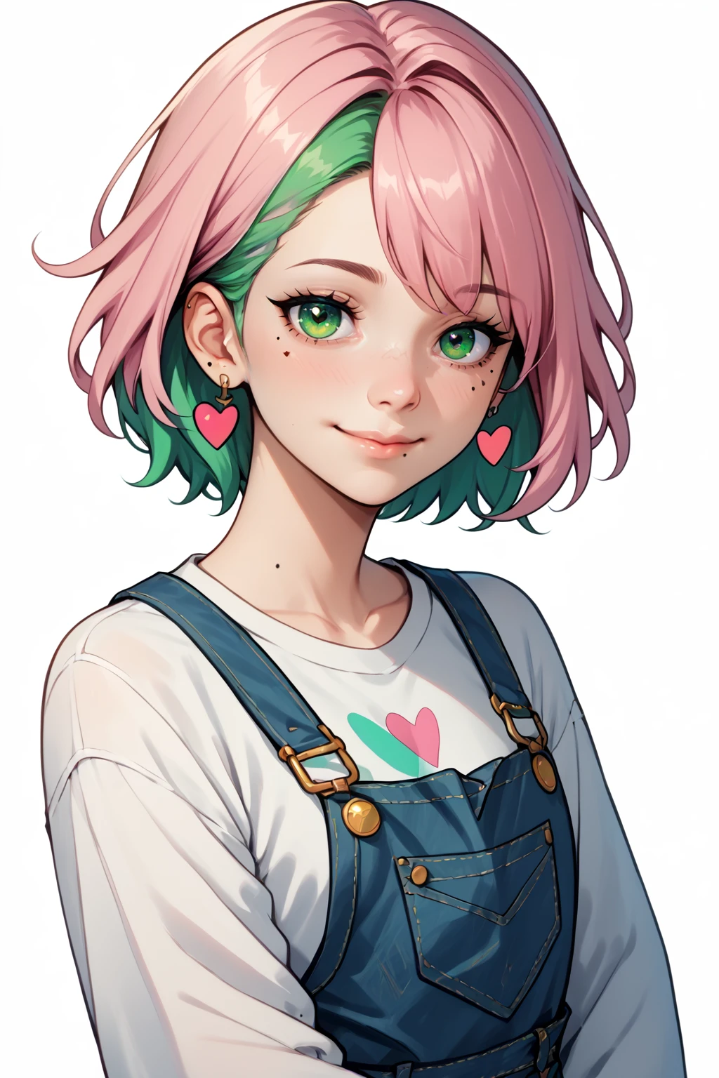 PonyXLV6_Scores , AgendaMix Style, 1girl, blush, earrings, green eyes, green hair, heart, jewelry, long sleeves, looking at viewer, mole, mole under eye, overalls, pink hair, ring, shirt, short hair, simple background, smile, solo, upper body, white background, white shirt , <lora:AgendamixPonyXL:1>