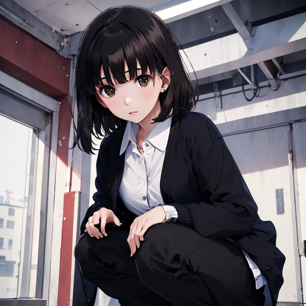 masterpiece,best quality,Ultra detailed,1girl,<lora:staingirl-000005:0.8>,staingirl,black cardigan,collared shirt,open clothes,open cardigan,shirt tucked in,black pants,brown eyes,She's on her knees,