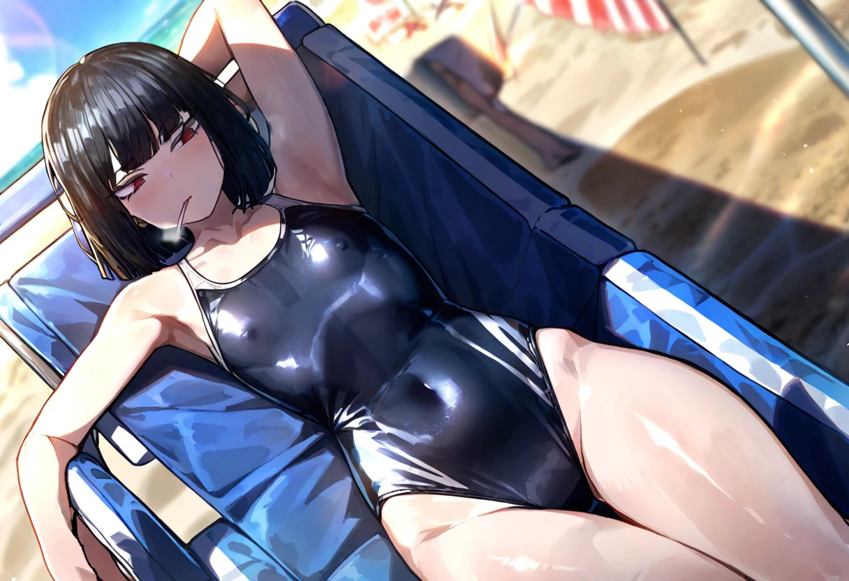 masterpiece,very aesthetic,1girl,ryoshu \(project moon\),solo,short hair,enchanting,(flat chest:0.9),one-piece swimsuit,(covered nipples:0.9),reflective,transparent swim rings,outdoors,sand beach,over the sea,lie on a beach chair,stretch,smoking,the sun is shining,perfect light and shadow,dutch angle,lens_flare,hip_focus,<lora:limbus_animagineV2:1>,