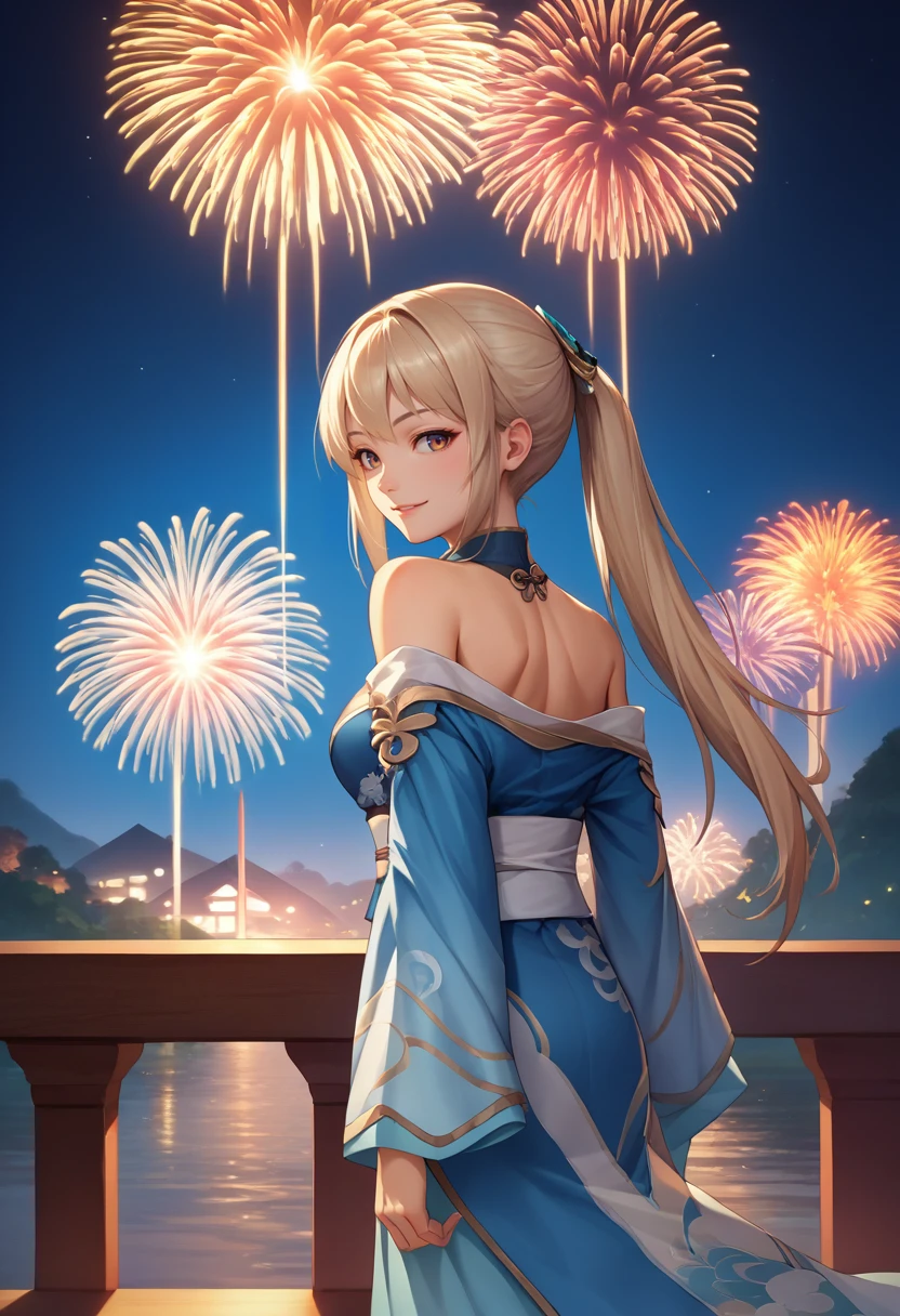 score_9, score_8_up, score_7_up, source_anime, solo, 1girl, wang yuanji, smile, looking back, ponytail, blue kimono, off shoulder, white sash, bare shoulders, fireworks <lora:dynastywarriors7_yuanji_ponyXL:1>