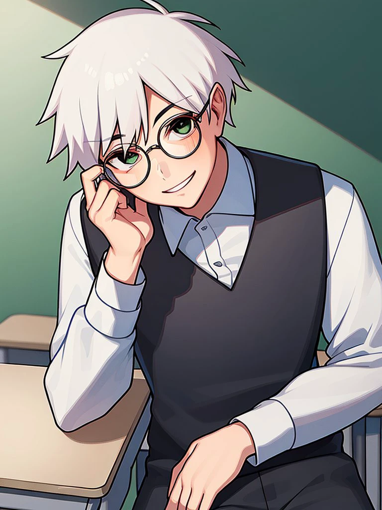 1male sits at an angle on a desk in the classroom, smile, looking at viewer, green eyes, glasses, white shirt, black vest, black trousers, white hair
<lora:Anton_Petrov:0.8>