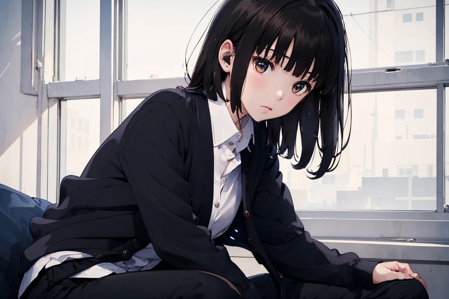 masterpiece,best quality,Ultra detailed,1girl,<lora:staingirl-000005:0.7>,staingirl,black cardigan,collared shirt,open clothes,open cardigan,shirt tucked in,black pants,brown eyes,reclining,from_side,