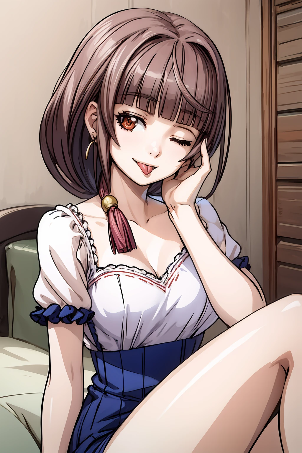 masterpiece, high quality, mature female, 1girl, solo,  ikunoemiru, medium hair, low ponytail, medium breasts, <lora:Emiru_Ikuno:0.8>, sitting, light smile, tongue out, one eye closed, <lora:Detail (Tweaker):0.5>