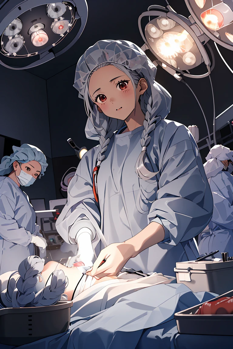 (RAW photo, best quality), (1girl), operating room, overhead surgical light,blurred background, focused,
 <lora:Asami_Fujimoto_3dC_V1.0:0.8> (asami fujimoto, 3dcg_19,long hair,gray_hair), 
 <lora:concept_surgery_cap_v1_1:0.8> surgery_cap, surgical mask, long sleeve surgical outfit, surgical gloves,