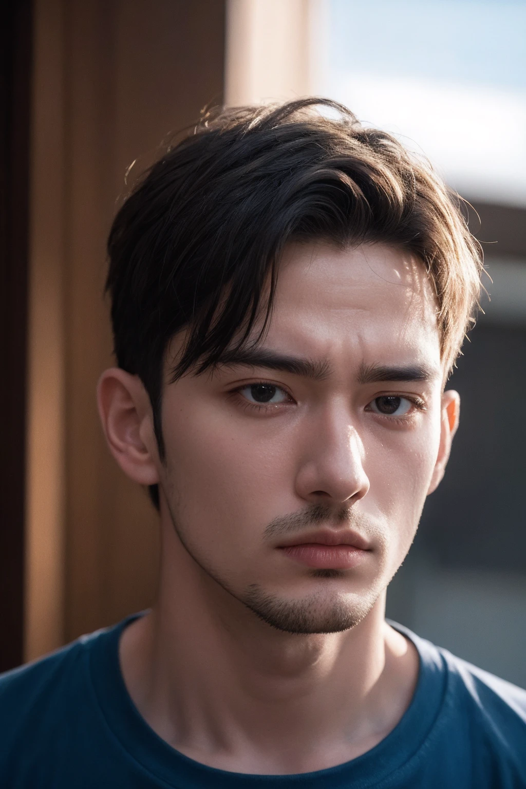 high quality, face portrait photo of 20 y.o man, wearing blue shirt, serious face, detailed face, skin pores, cinematic shot, dramatic lighting