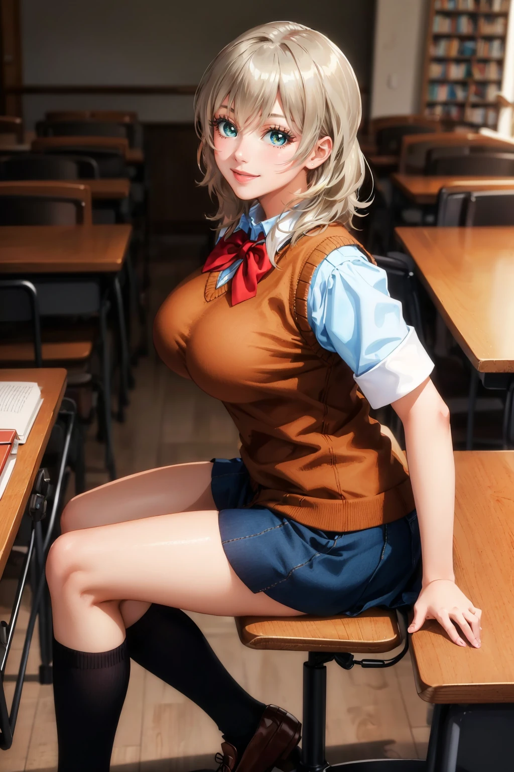 masterpiece, best quality, 1girl,  <lora:ichikosakura-nvwls-v1-000009:0.8> ichikosakura, eyelashes, orange sweater vest, short sleeves, red bowtie, blue miniskirt, large breasts, from side, sitting, chair, desk, loafers, socks, library, looking at viewer, smile