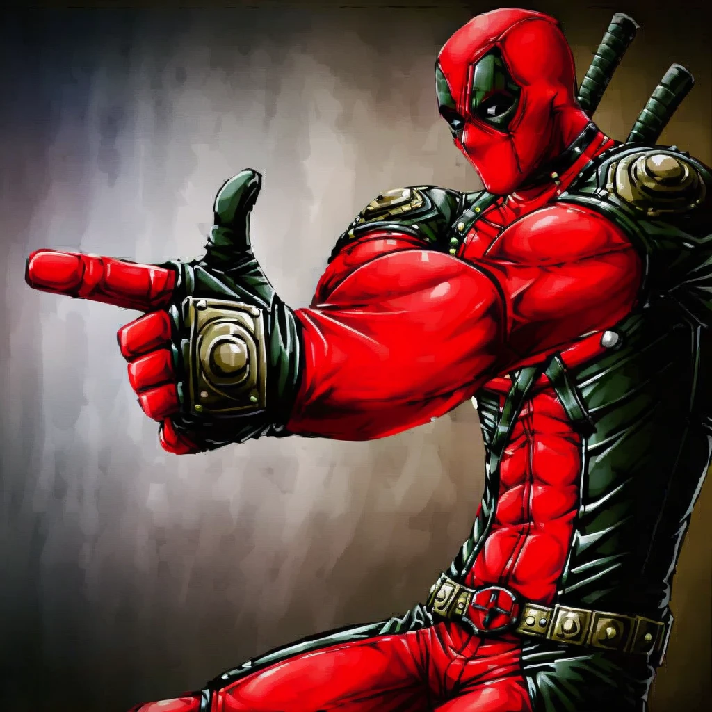 a   Deadpool1024 pointing at something with a finger, <lora:fingergun:0.85>, <lora:Deadpool1024:0.8>