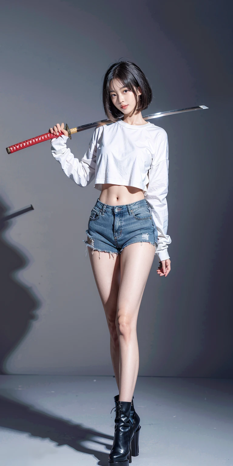 katana, holding katana, katana over shoulder, 1girl, solo, high-heeled boots,   Pullover, pantyhose, denim shorts,   full body, stand,  Gray hair, Lob \(long bob\) hairstyle, masterpiece, best quality,8k, simple background, 